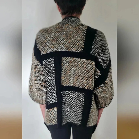 Chico's Textured Knit Fringe Career Open Front Cardigan   Patchwork Wool Blend - Picture 7 of 10